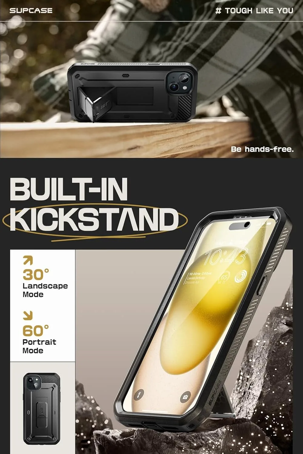 SUPCASE for iPhone 15 Case with Kickstand & Screen Protector, Black
