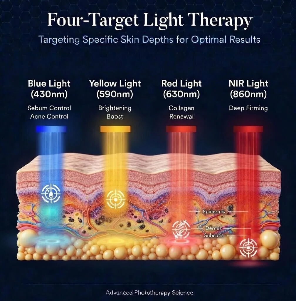 FDA Cleared LED Light Therapy Mask for Face - Infrared Red Light Therapy for Skin - Red Light Therapy for Face - 460nm Blue, 590nm Yellow, 630nm Red, 850nm NIR, 40mw/cm Irradiance