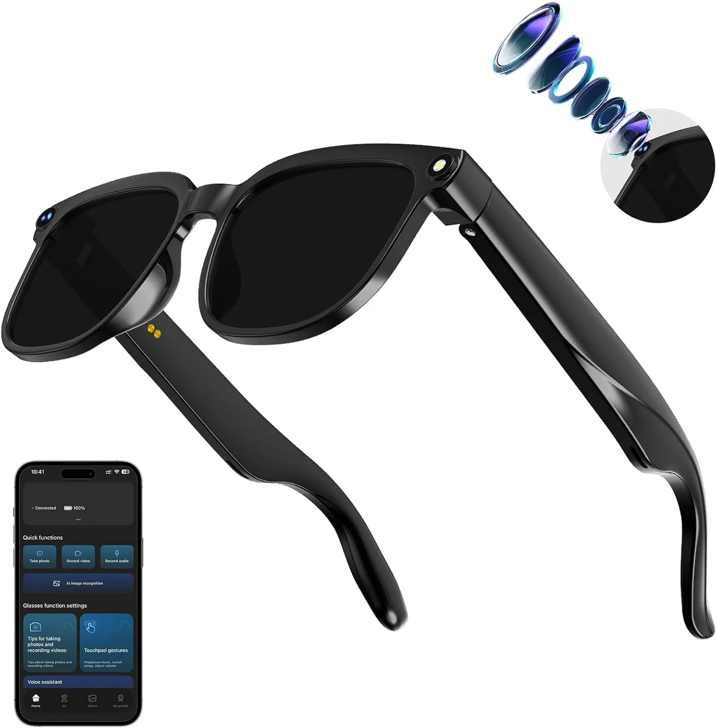AI Smart Glasses with Camera, 1080P EIS Video, Bluetooth Music