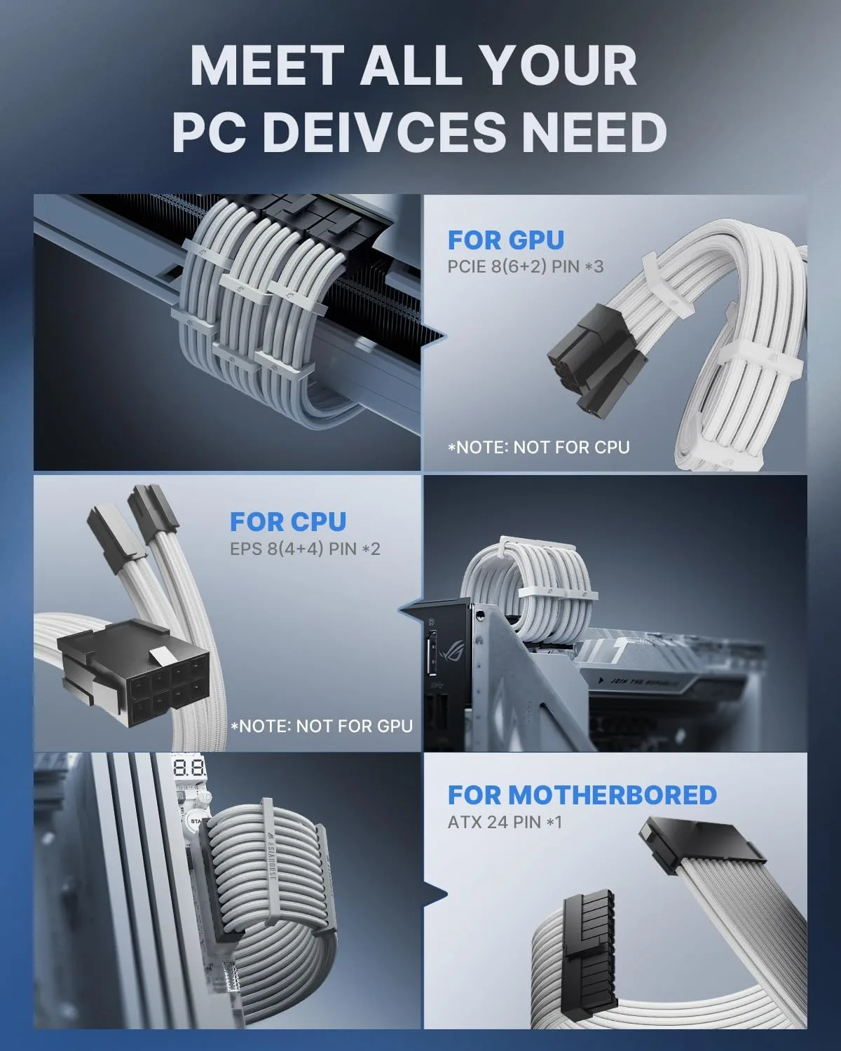 AsiaHorse 16AWG Pro Power Supply Sleeved Cable, White Power Supply Extension Cable Dual EPS Kit, 1x24-PIN/ 2x8-PORT (4+4) M/B,3x8-PORT (6+2) PCI-E, 30cm Length with 2 Set of Combs