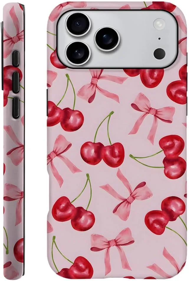 Case Compatible with iPhone 18 Pro Max/iPhone 17 Pro Max,Fall Prevention Hybrid 2-Layer Hard Shell Phone Cover for Girls Boys,Pink Bow Cherry Ribbon Fruit