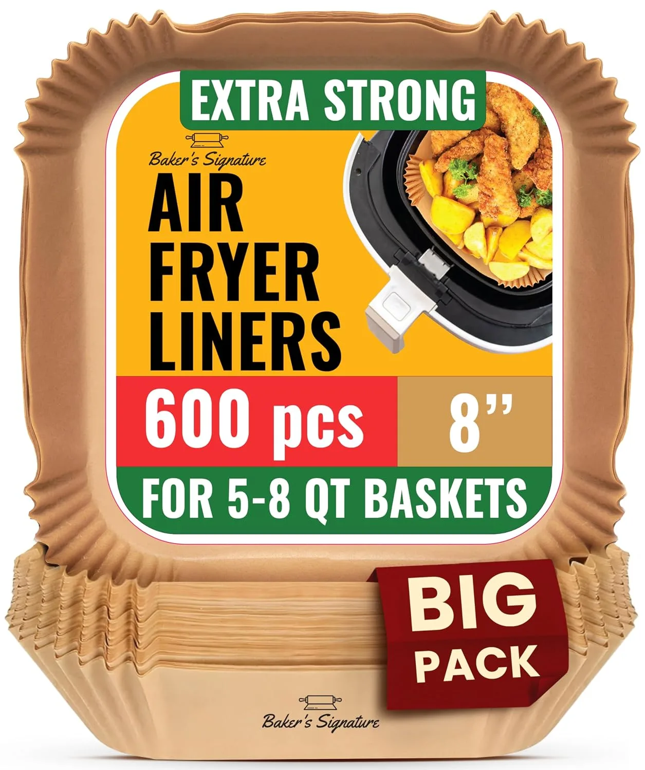 Baker's Signature Air Fryer Liners Disposable 600 Pcs, 8" Square Non-Stick Parchment Sheets