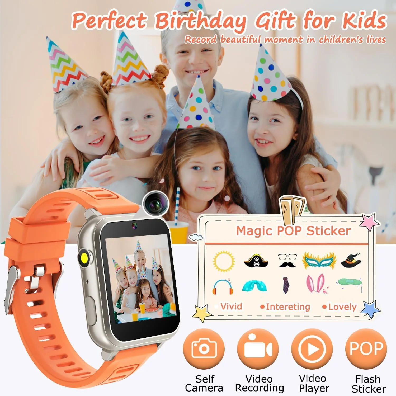 Wiszodet Kids Smart Game Watch with 24 Games HD Touch Screen Video Camera Music Player Pedometer Flashlight Alarm Clock 12/24 hr, Gifts for 5-12 Year Olds Boys Orange