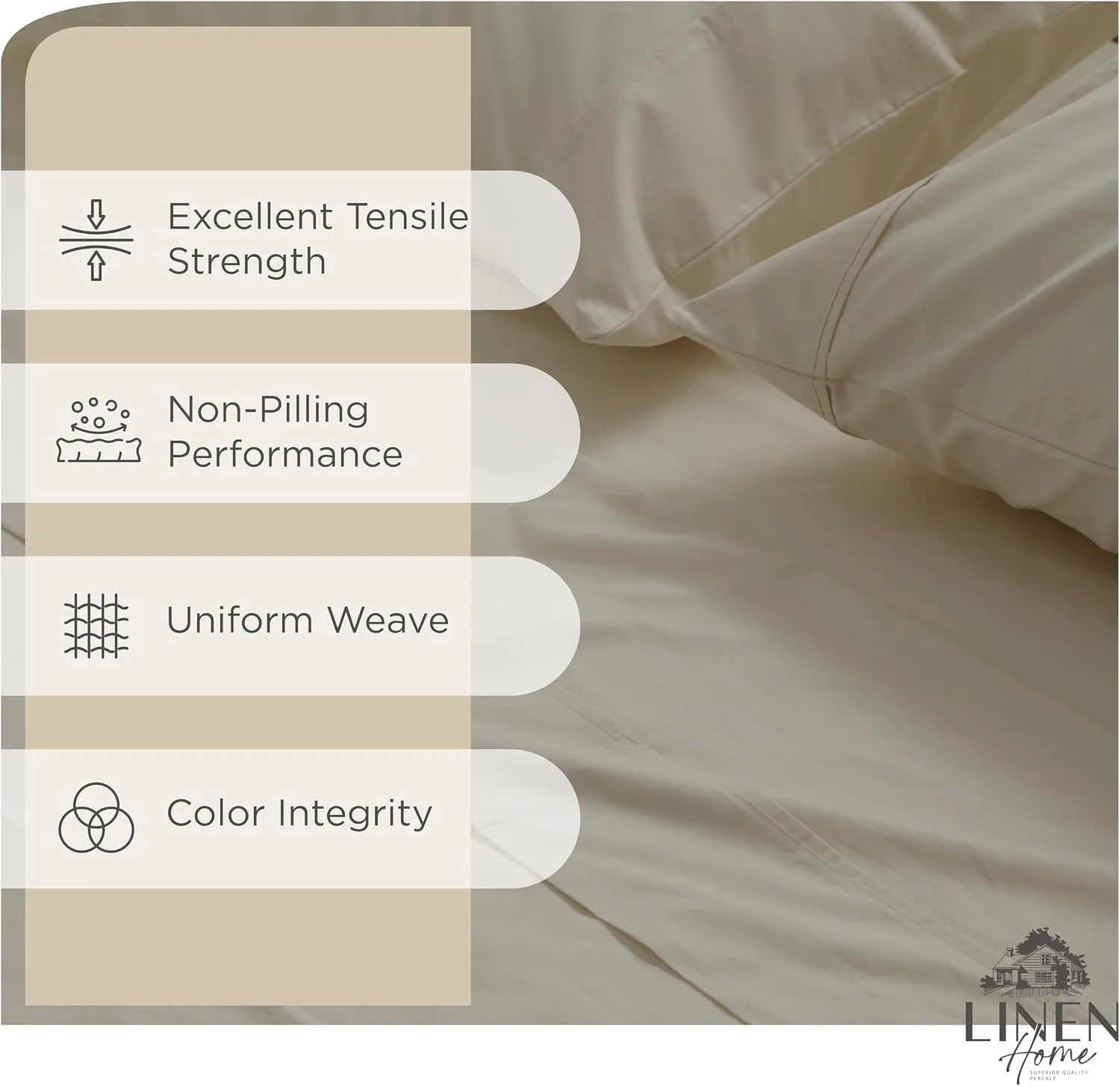 Linen Home 100% Cotton Percale King Sheets, 4 Pc Cooling Set - Light Taupe
