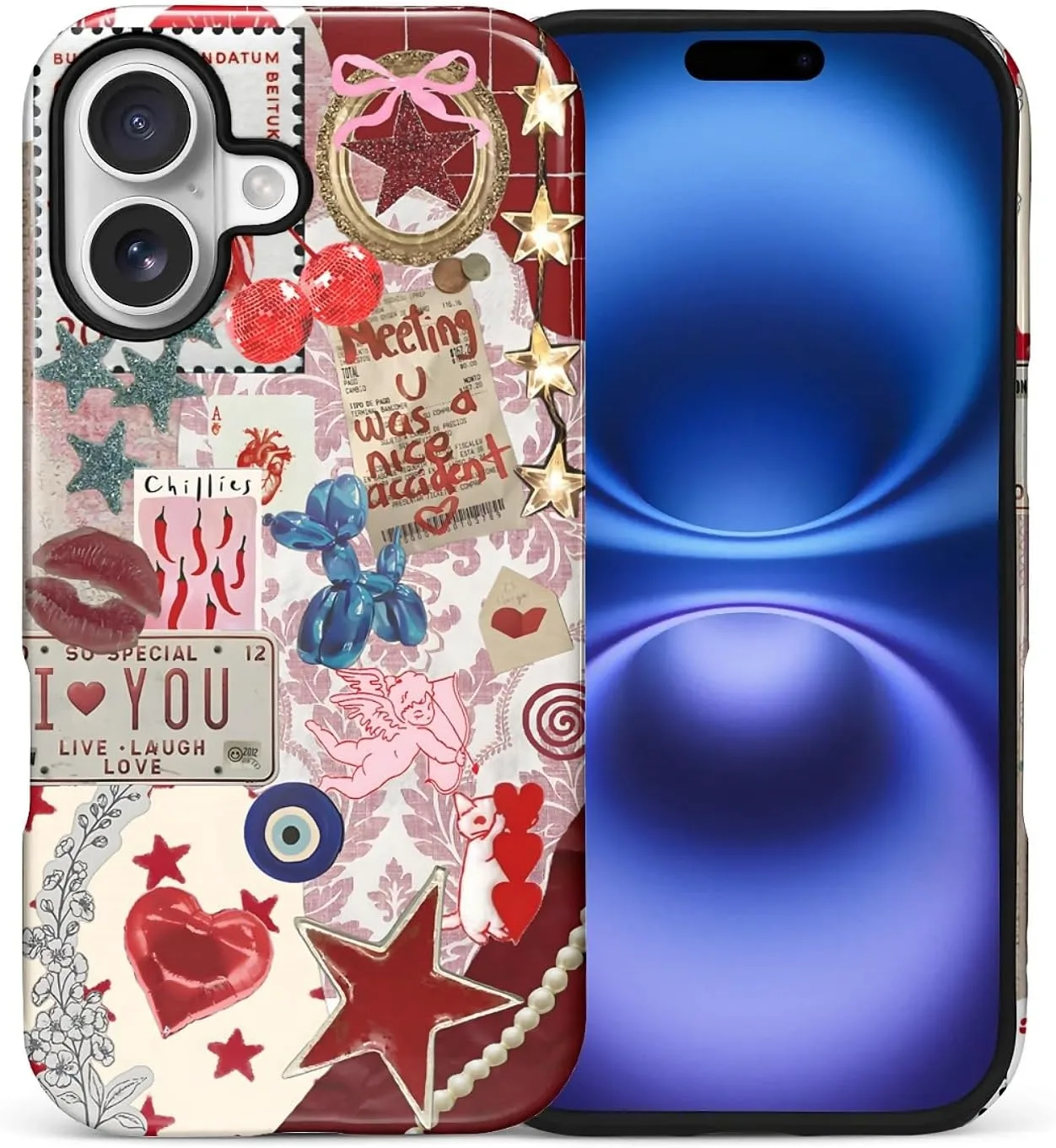 DAIZAG Case for iPhone 17,Mixed 2 Layer Design Shockproof Soft TPU Ddouble Protection Phone Case for iPhone 17-Conch Red Pearl Collage