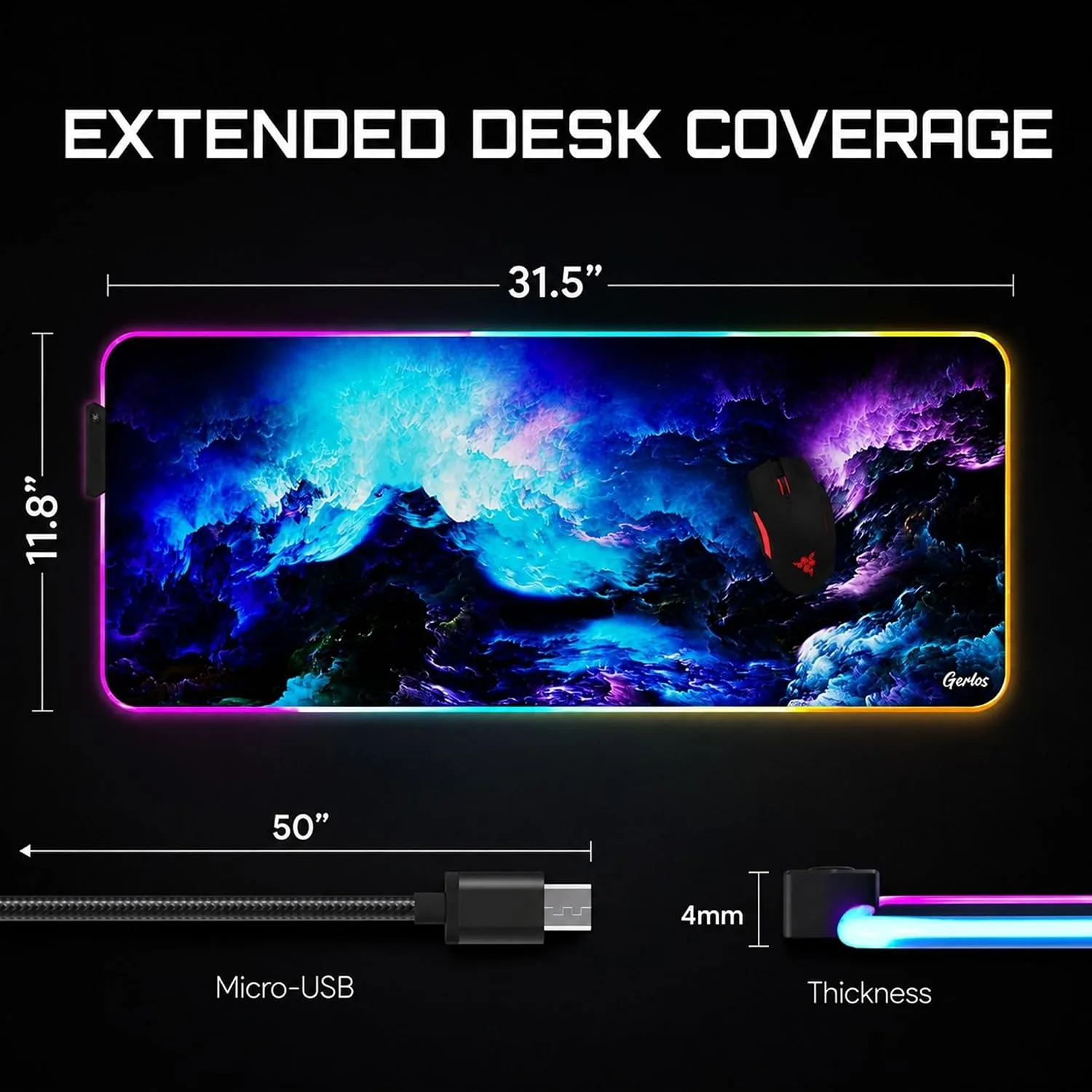 Gerlos RGB Gaming Mouse Pad, Large LED Mouse Pad for Gamer, 31.5" x 11.8"
