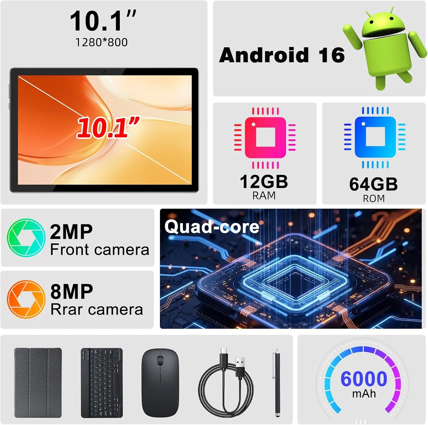 Tablet Android 16 10 Inch 12GB RAM+64GB ROM/ 1TB Expandable, 1280 * 800 HD Touch Screen, 5G WiFi6 BT 5.0, 2 in 1 Tab with Keyboard Case Mouse Stylus (Black)