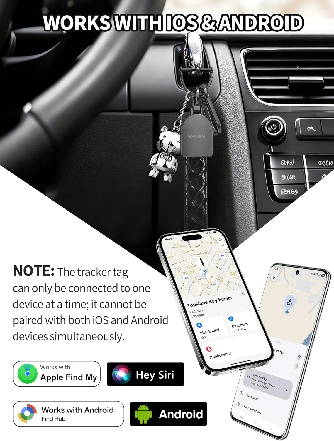 Smart Keychain Tracker (iOS & Android) Car Key Finder, Black & Carbon Black