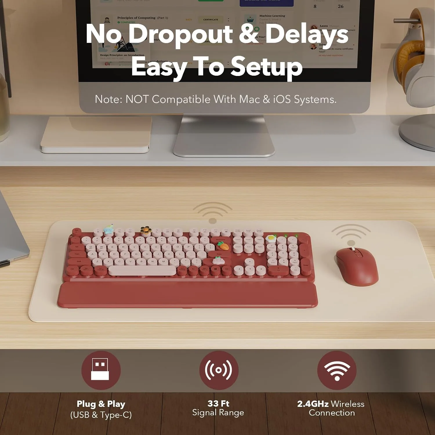 SABLUTE Wireless Keyboard Mouse Combo, Burgundy Red, Magnetic Wrist Rest