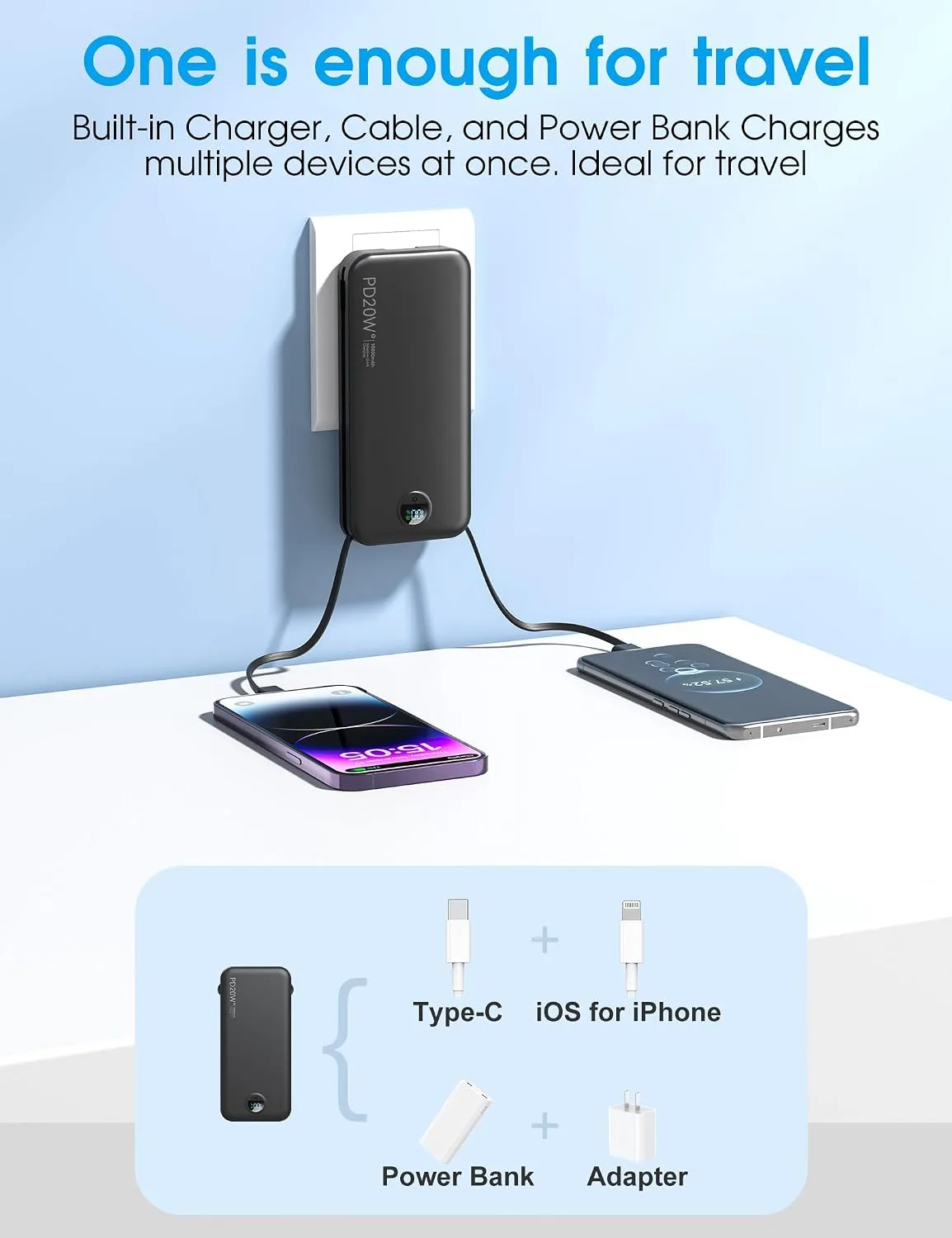 citicr Portable Charger 10000mAh PD20W w/Built-in Cables & Wall Plug Black