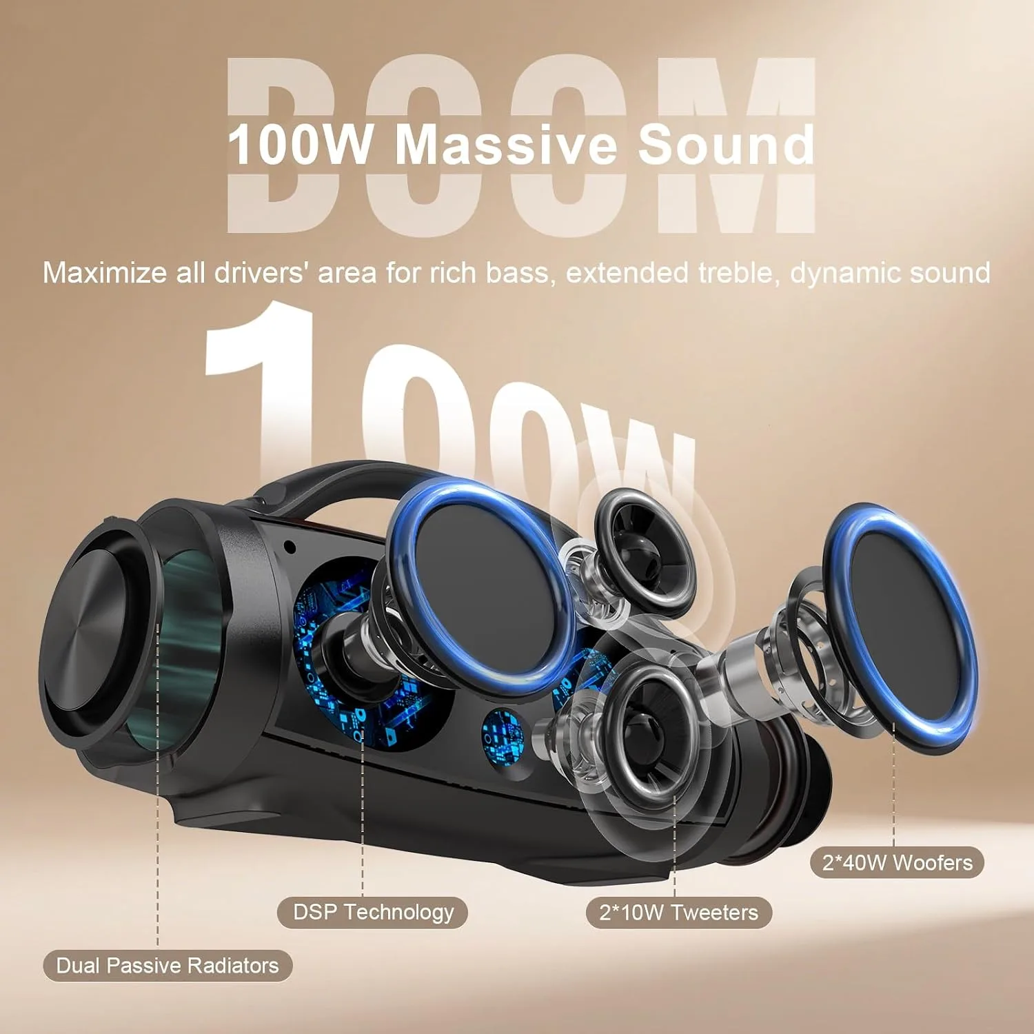 DOSS Extreme Boom+ Outdoor Bluetooth Speaker with 100W Stereo Sound, Extra Bass, 20H Playtime, Party-Sync LED Lights, Built-in Power Bank, IPX6 Waterproof Speaker for Camping, Pool, Beach, Yard