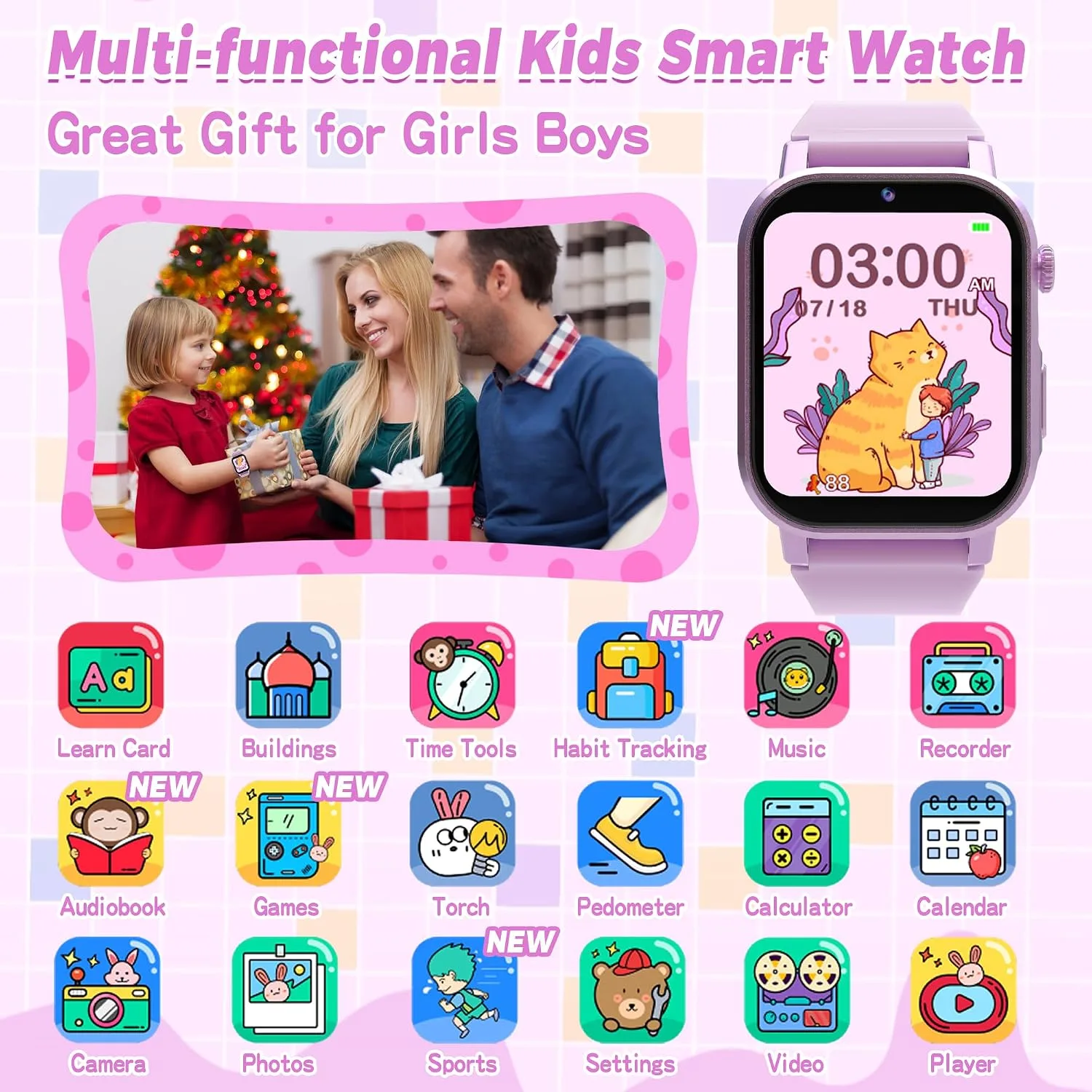 Phyulls Kids Smart Watches Girls with 32 Puzzle Games, HD Camera, Pedometer