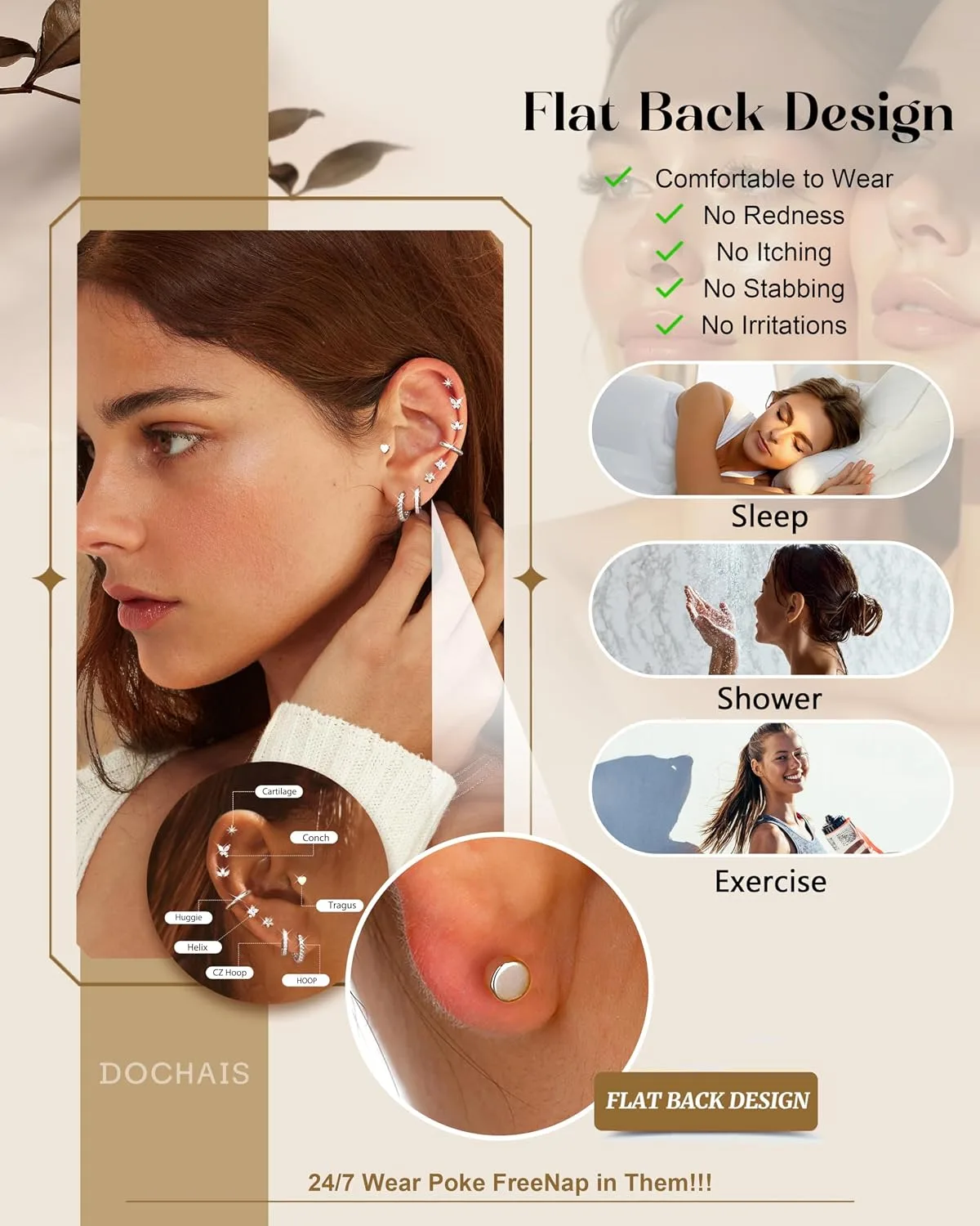 Dochais 14K Gold Plated Surgical Steel Earrings 9 Pairs Flat Back Earrings Small Cartilage Hoop Earring for Women Trendy Hypoallergenic Flatback Stud Stacks for Multiple Piercing Lightweight Jewelry