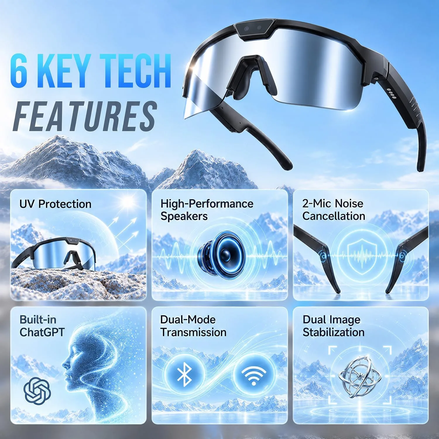 AI Smart Glasses with 35MP 1200P Camera EIS Video Recorder for Cycling