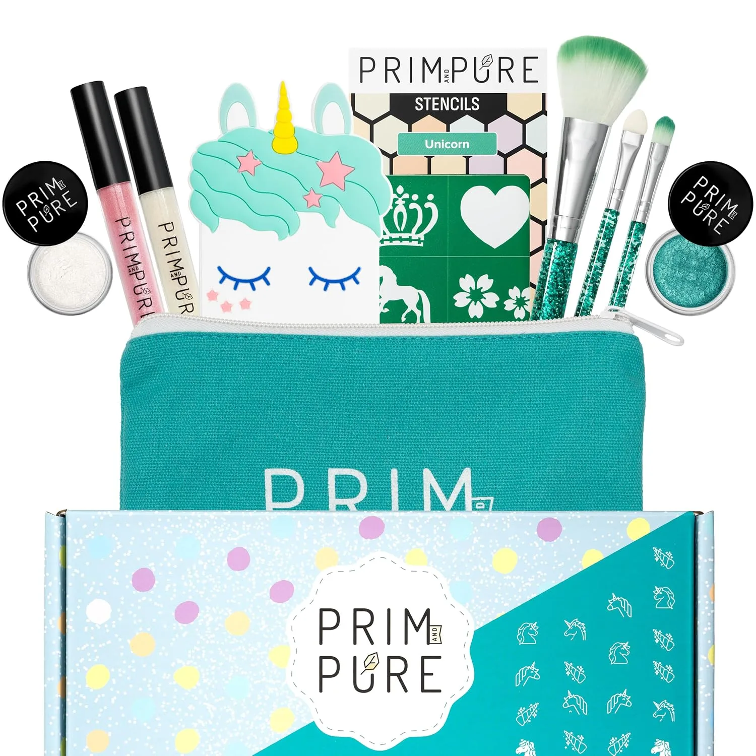 Prim and Pure Mineral Gift Set with Unicorn Mirror| Perfect for Play Dates & Birthday Parties | Kids Eyeshadow Makeup – Mineral | Organic & Natural Makeup Kit for Kids| Made in USA (Blue)