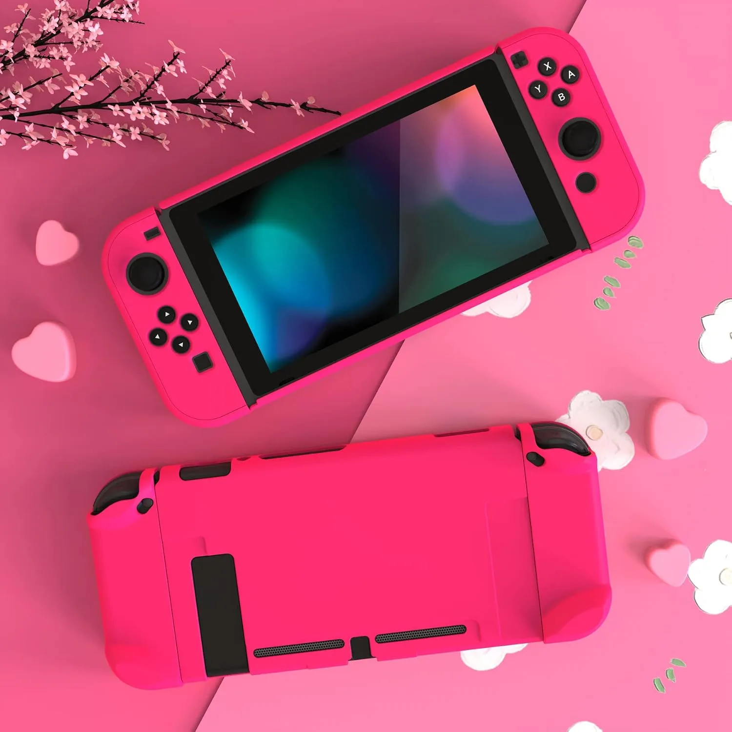 eXtremeRate PlayVital Cover for Nintendo Switch, Protective Case Protector for Switch - Shock-absorbent Anti-Scratch Dockable Easy to install Durable Hard Shell, Bright Pink (NOT for Switch 2)