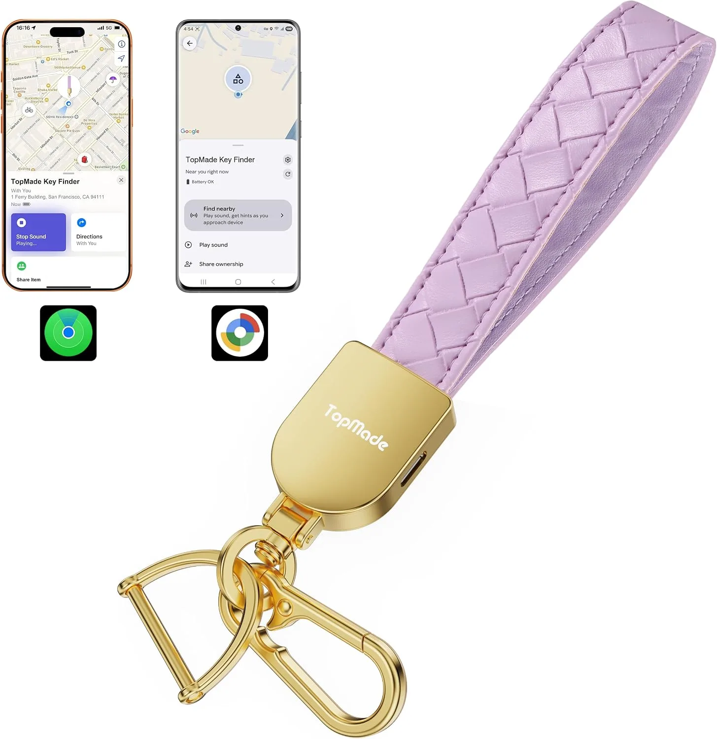 Smart Keychain Tracker (iOS & Android) Car Key Chains Finder, Purple & Gold