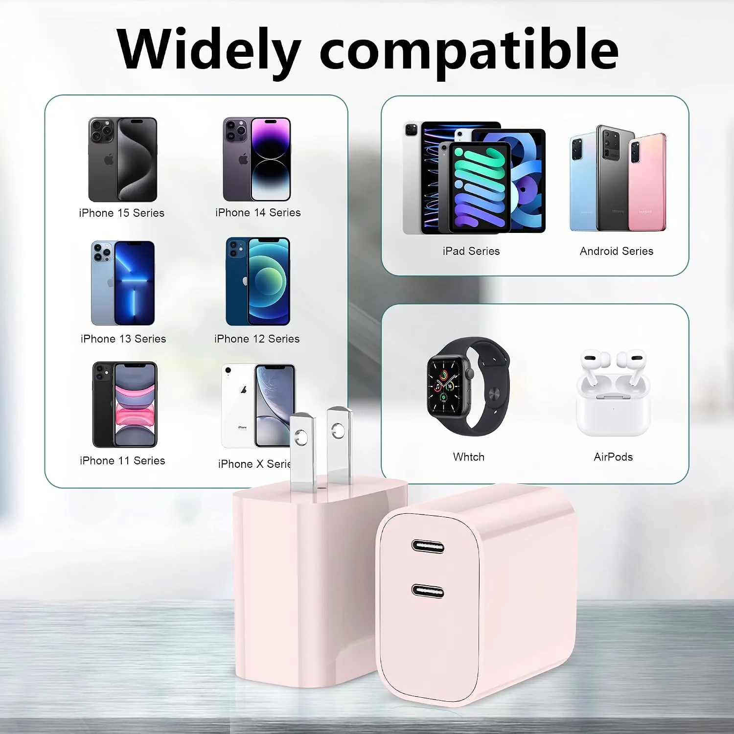 USB C Charger Block 3 Pack, Dual Port 20W Fast Wall Plug (Pink)