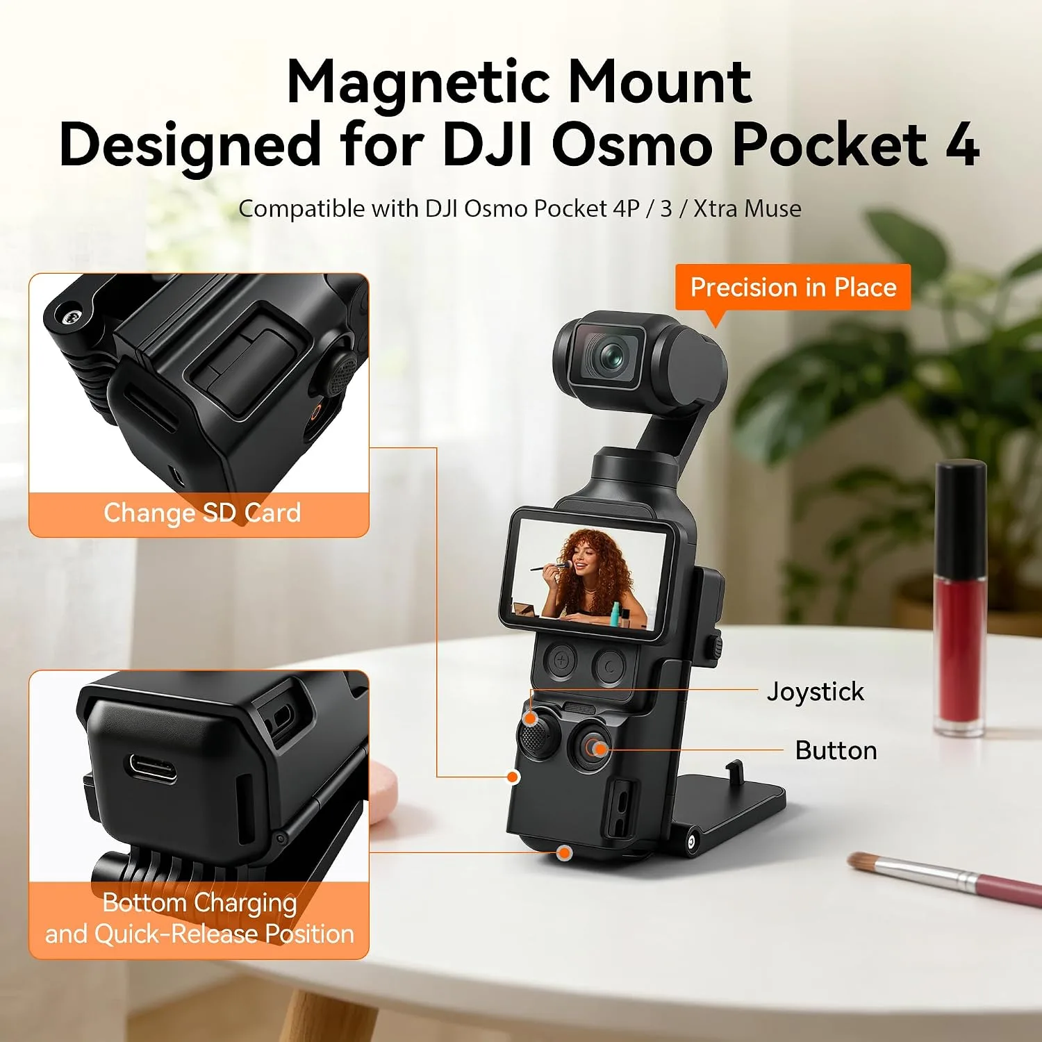 AMAZEAR Magnetic Mount Stand Compatible with DJI Osmo Pocket 4P/4/3/Xtra Muse, Pocket4 Accessories Adapter Clamp Magnet Suction Case Holder on Desktop/Vertical Surface, 180° Adjustable Handle, Black