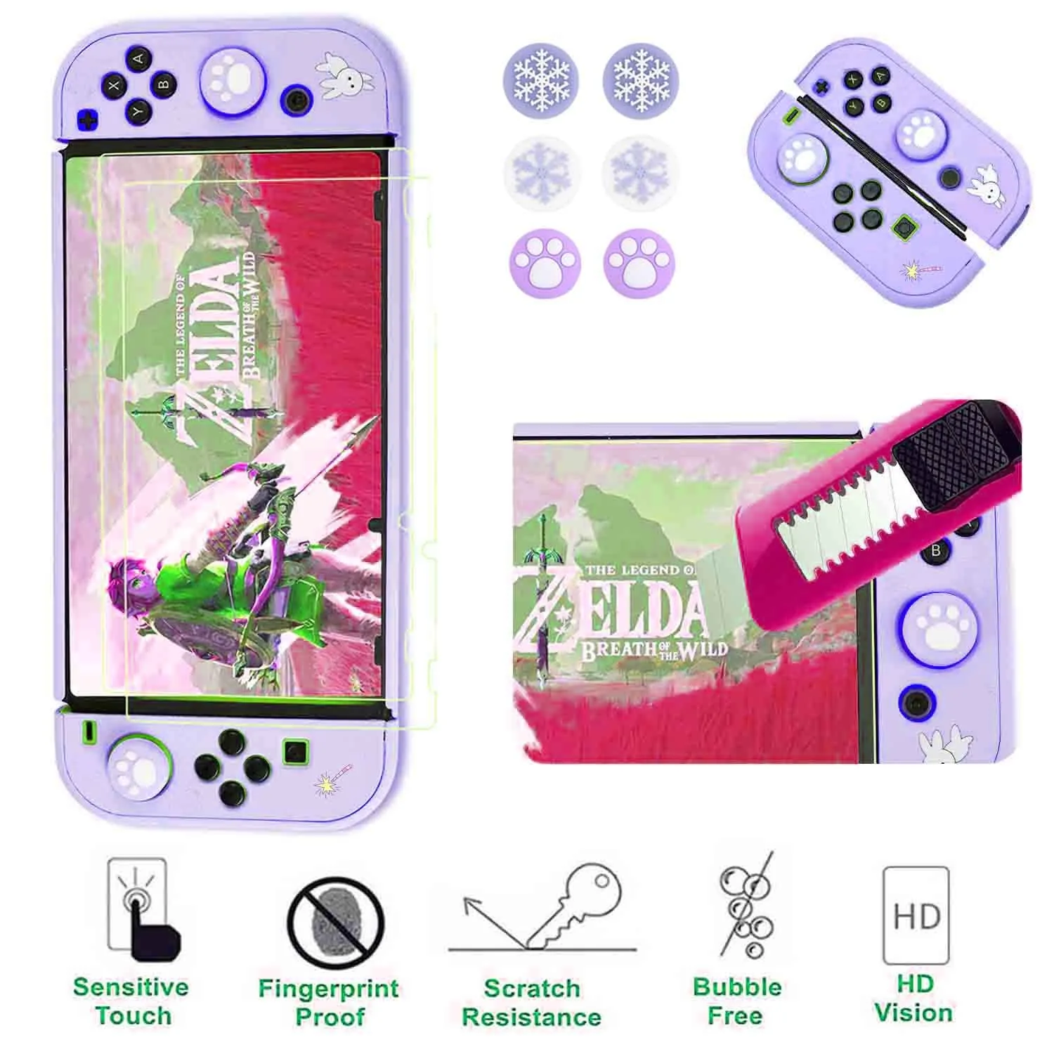 GUTIAL Accessories Bundle for Nintendo Switch OLED - Purple Girly Accessories Kit for Nintendo Switch Oled with Carry Case Screen Protector Cover Case kawaii Stand Cute Thumb Grips for Girls - Purple