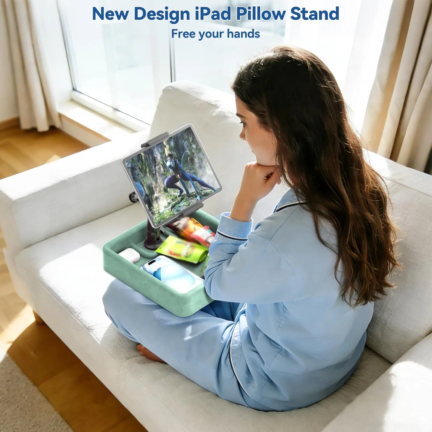 KDD Tablet Pillow Stand - Multi-Angle Adjustable iPad Holder for Lap, Bed and Desk - Foldable Kindle Soft Pad Dock with Storage Tray Compatible with iPad Pro 12.9, Air Mini, Phone, E-Reader