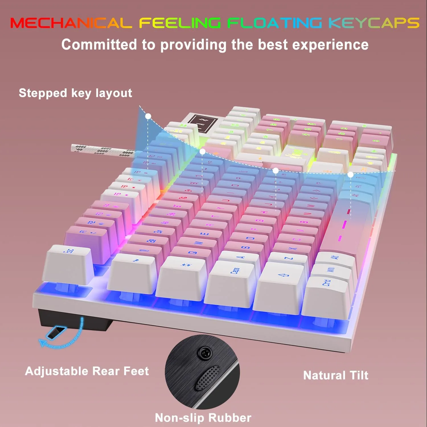 BlueFinger RGB Gaming Keyboard and Backlit Mouse and Headset Combo, USB Wired Backlit Keyboard, LED Gaming Mouse Set, Headset with Microphone for Laptop PC Computer Game and Work (White & Pink)
