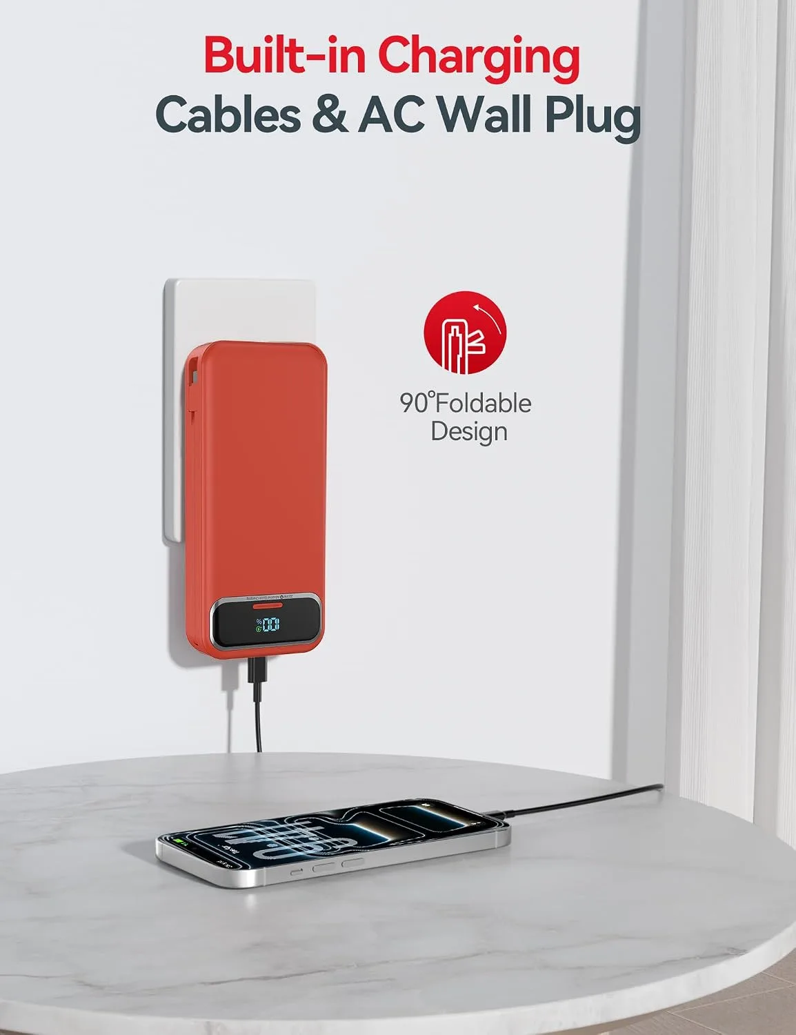 aonidi Portable Charger 20000mAh with Built-in Cables&AC Wall Plug, Red