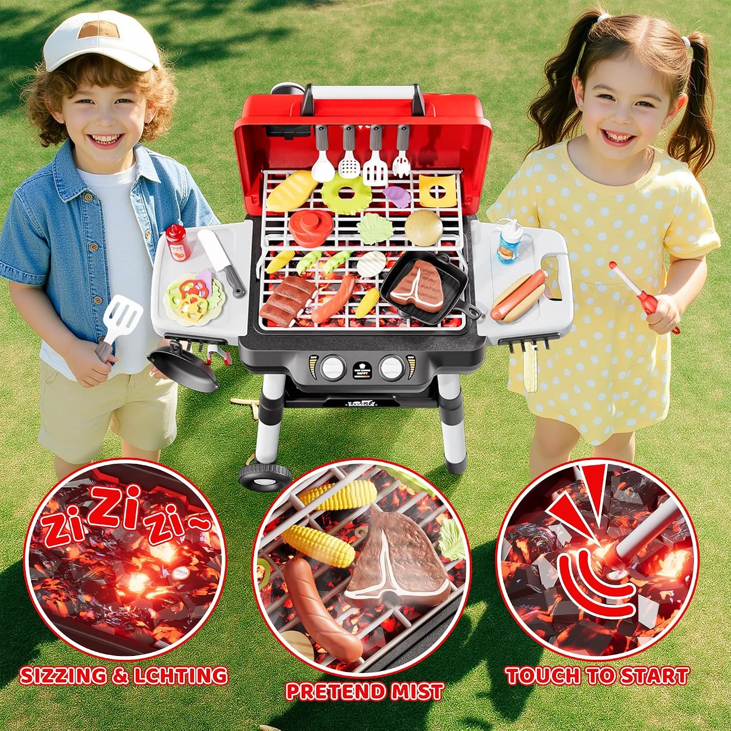 2-Tier Kids BBQ Grill Playset, Toy Grill for Kids, Outdoor Play Food