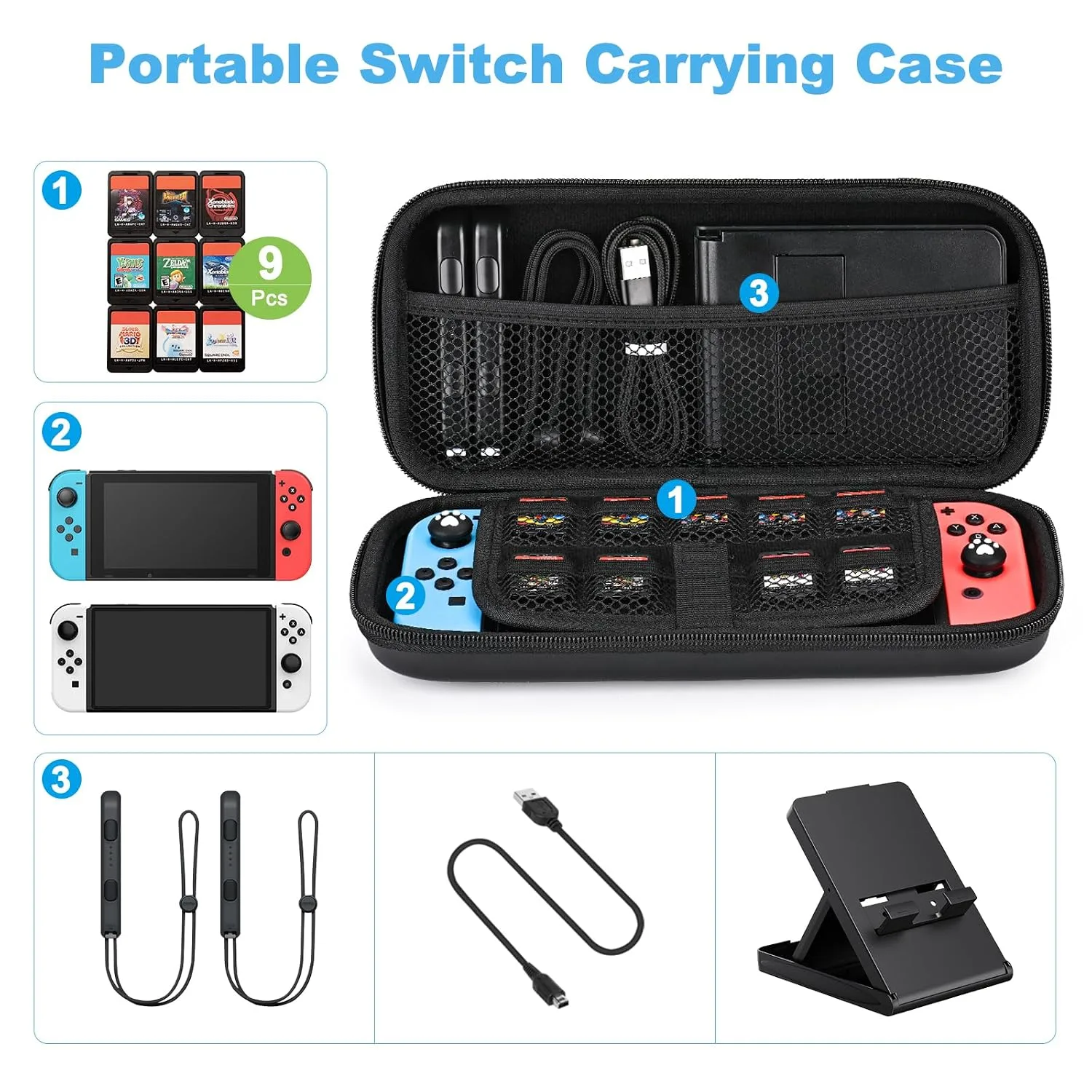 Younik Switch Case for NS Switch and Switch OLED, 11 in 1 Black Switch Accessories Kit Include Switch Carrying Case, Thumb Caps, Cute Sticker and Pendant