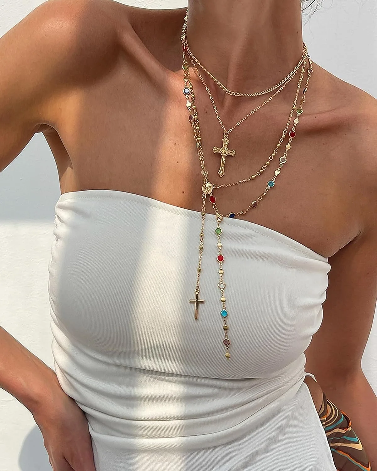 Colorful Y Shaped Necklace for Women Trendy Long Multi Color Crystal Lariat Necklace Sparkly Gemstone Chest Chain Summer Deep V-Neck Dress Outfits Jewelry Accessories