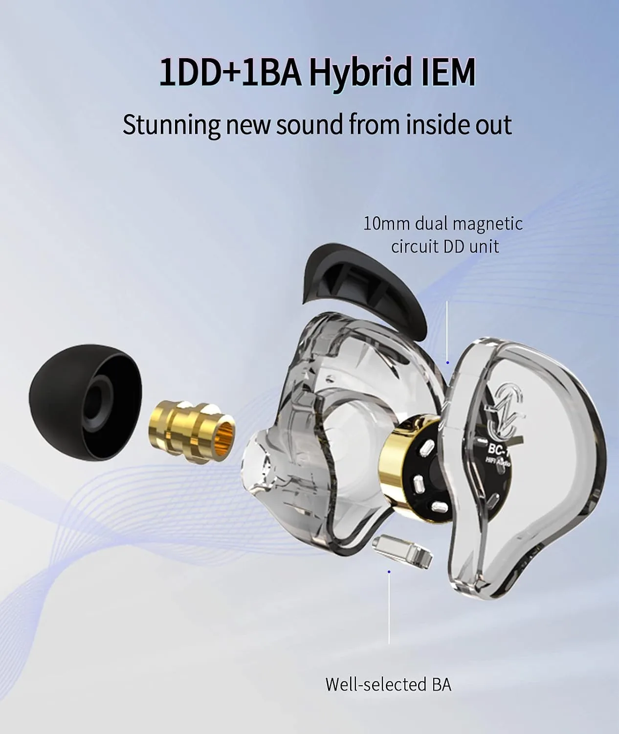 CCZ Melody in Ear Monitor, Dynamic Hybrid Dual Driver in Ear Earphones 1BA+1DD HiFi Wired Headphones Musicians IEM Upgrade Deep Bass Suitable for Bass Vocals Pop Folk ACG (No MIC, Transparent)…