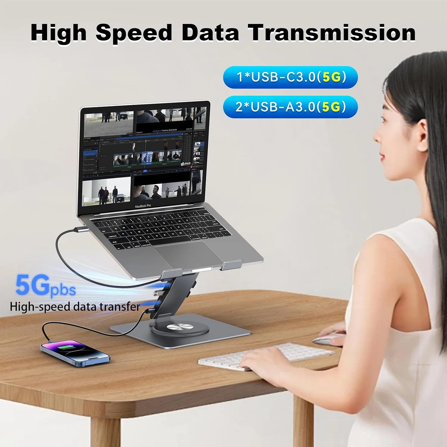 Laptop Docking Station Stand Dual Display 4K HDMI USB3.0 3.5mm Audio Jack 9-IN-1 360° Swivel Laptop Stand for Desk with USB-C Hub Multiport Adapter Universal for MacBook Pro/Air/Dell/HP/Surface/Lenovo