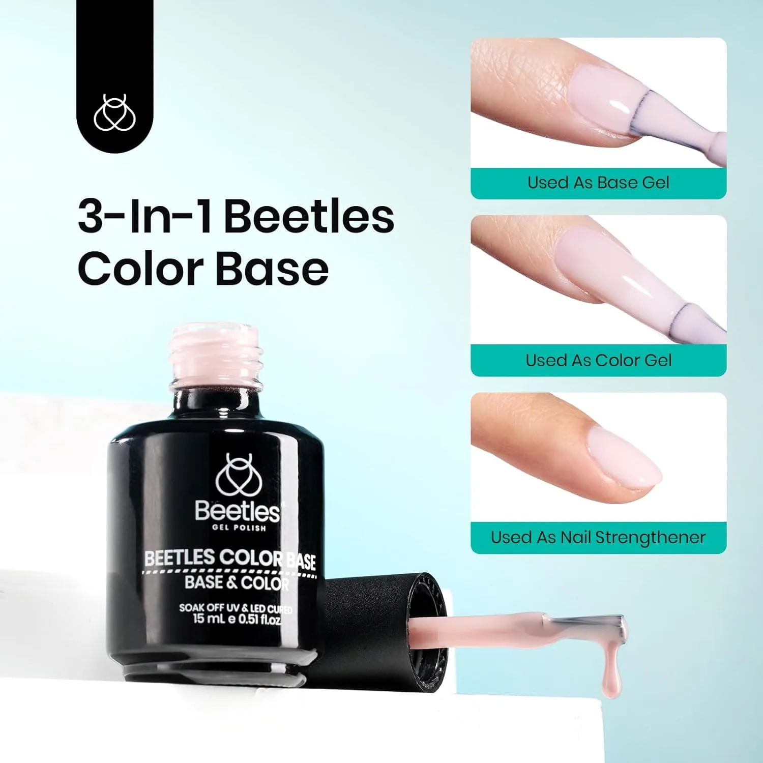 Beetles Color Base Coat & Builder Top Coat Gel Set, 2Pcs 15ML Nude Pink Color Base Ultra Shine No Wipe Builder Top Coat for Nails, Long Lasting Thick Base For Nail Strengthening Gift for Girls