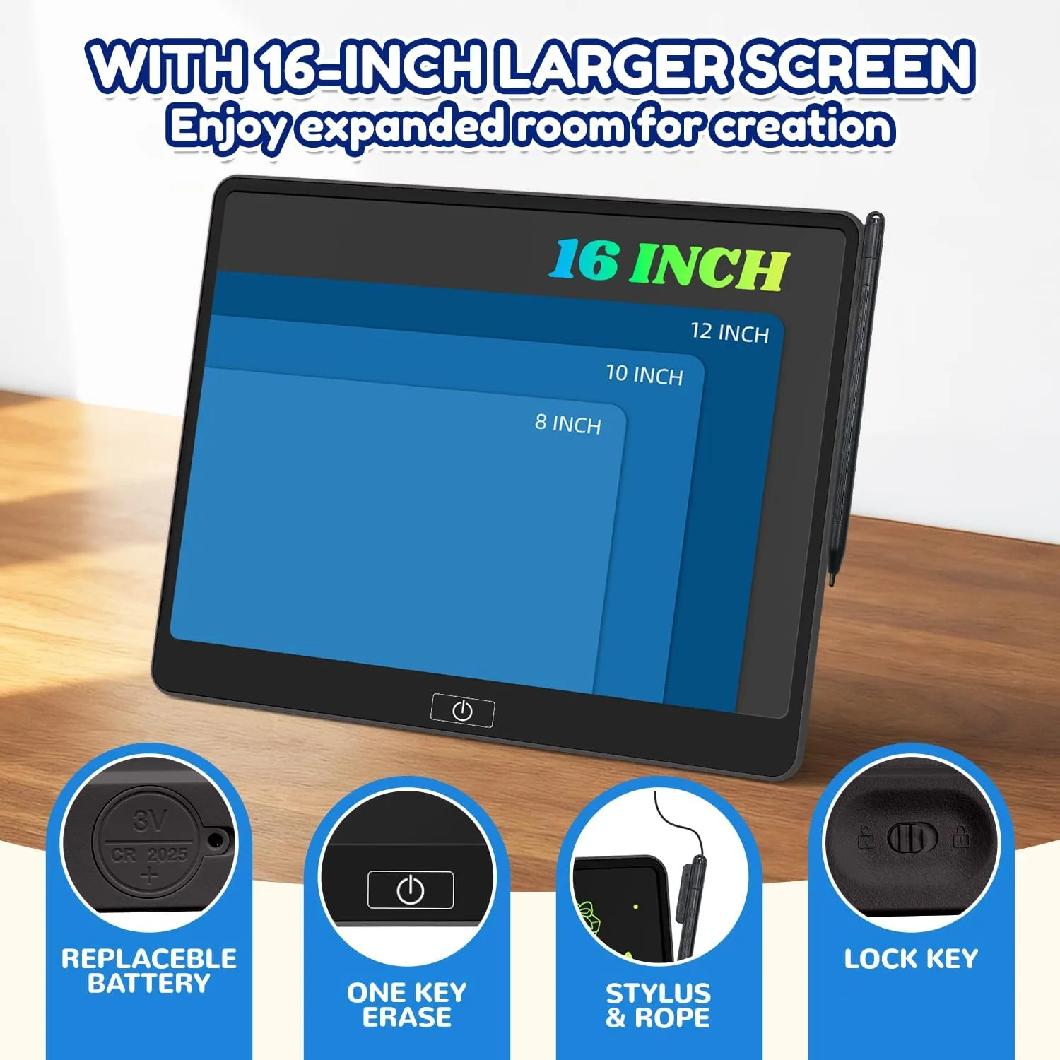 16 Inch LCD Writing Tablet for Kids, Reusable Portable Drawing Board, Black