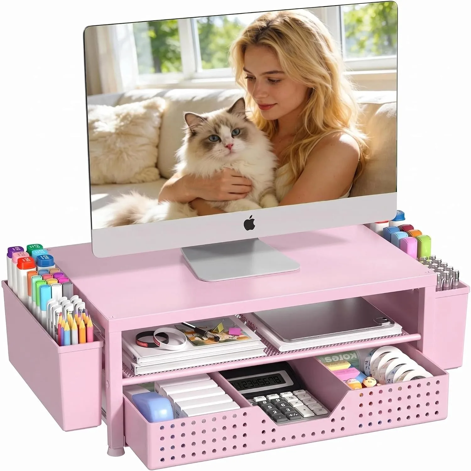 OPNICE Desk Organizer, Monitor Stand Riser with Drawer and 2 Pen Holders