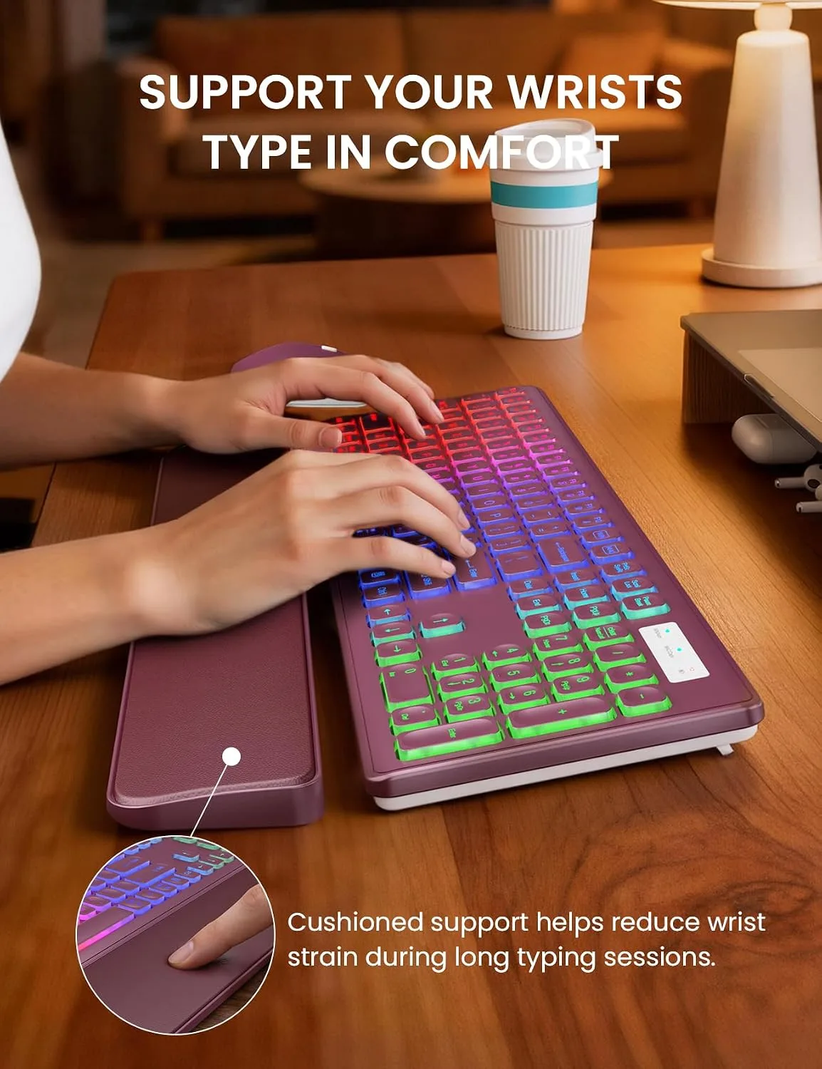 Wireless Keyboard and Mouse Combo, RGB Backlit, Wirst Rest, Rechargeable