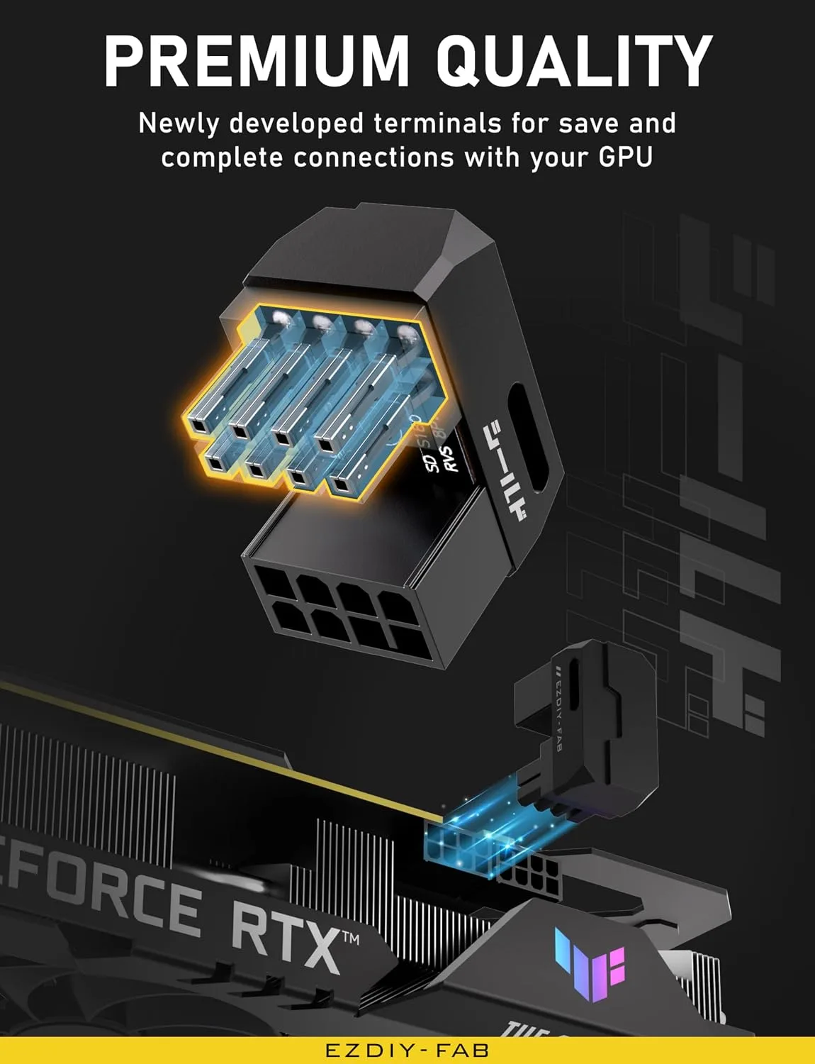 EZDIY-FAB Shield PCIe 8-Pin GPU Adapter, 180° U-Turn, RVS, Black, 2 Pack