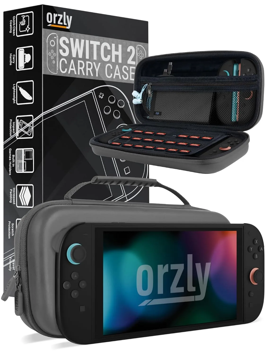 Orzly Case Compatible with Nintendo Switch 2 – Protective Travel Carry Case with Screen Padding, Game Card & microSD Slots, Zipped & Open Pockets for Accessories – 7.9" Gift Boxed