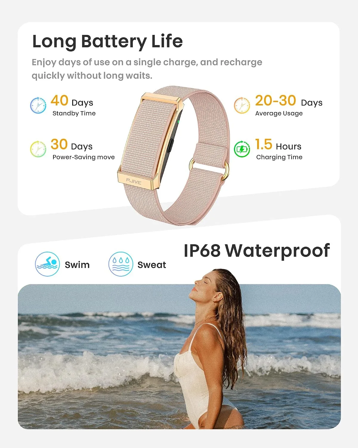 Smart Bracelet, Health Fitness & Activity Tracker with All-Day Continuous Heart Rate/Blood Pressure Monitor, Sleep Tracker, 170+ Sport Modes, 60 Day Battery & Free App, IP68 Smart Band for Android IOS