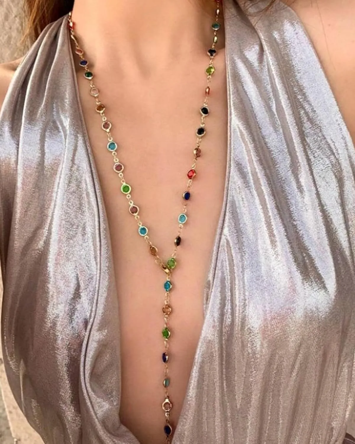 Colorful Y Shaped Necklace for Women Trendy Long Multi Color Crystal Lariat Necklace Sparkly Gemstone Chest Chain Summer Deep V-Neck Dress Outfits Jewelry Accessories