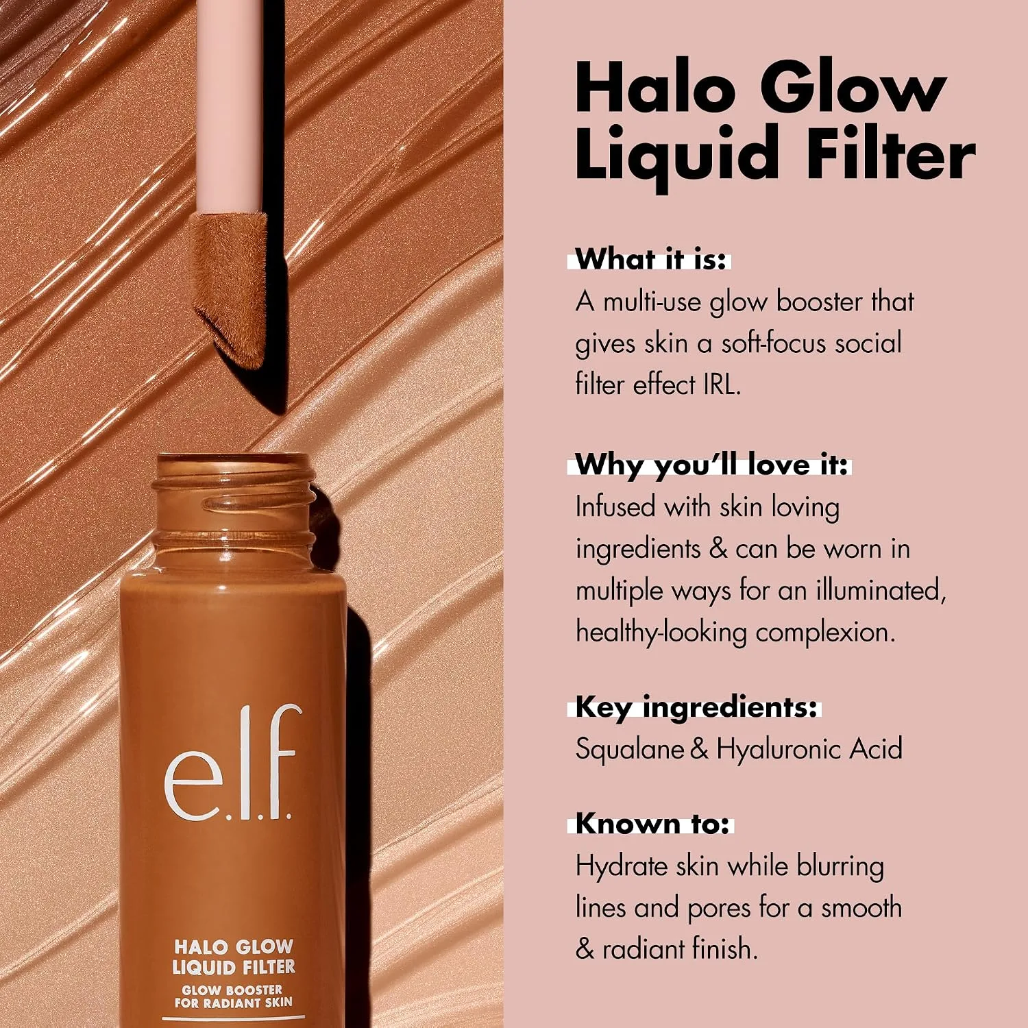 e.l.f. Halo Glow Liquid Filter, Hydrating Complexion Boost, 3 Light/Medium