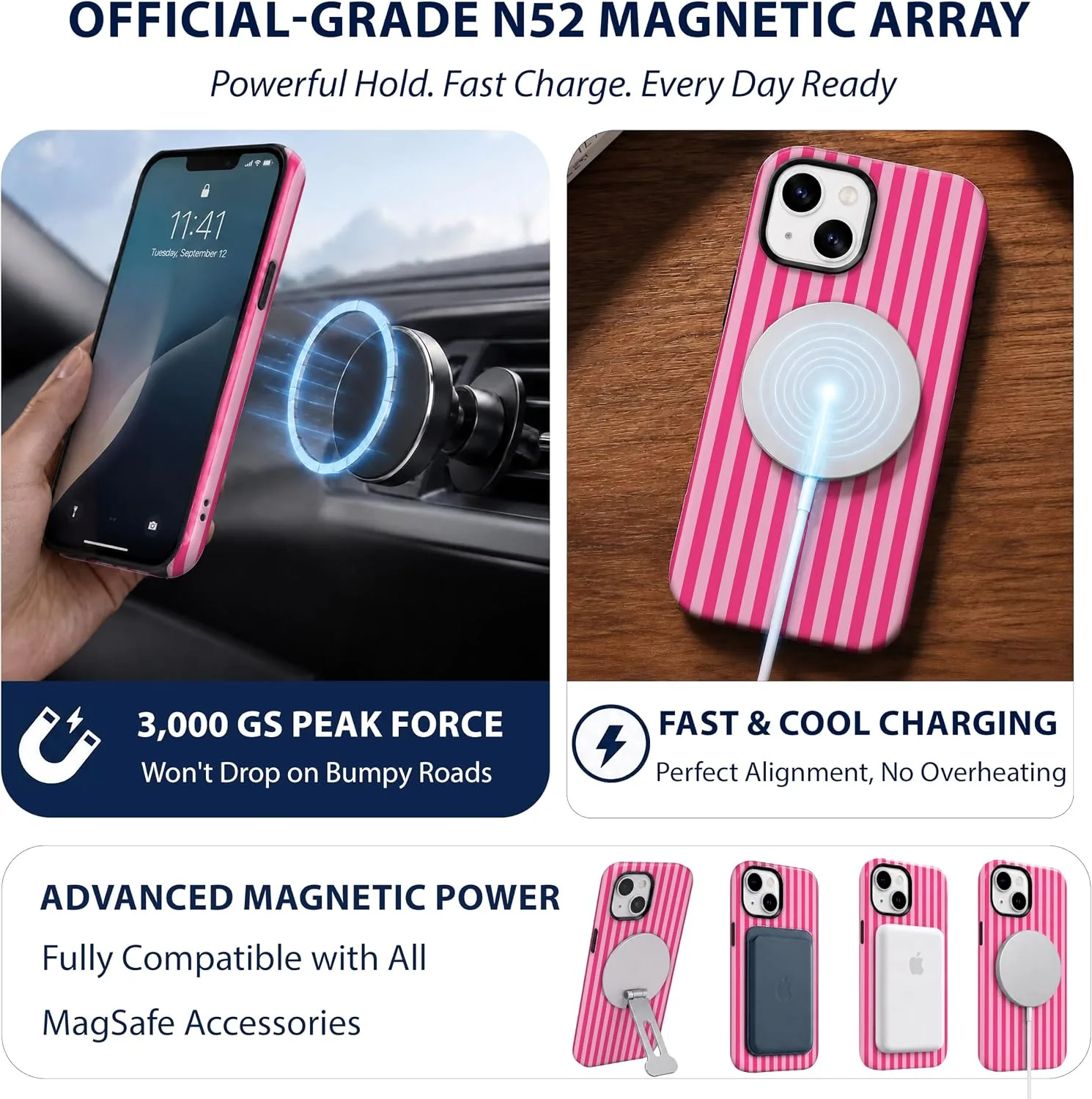 Magnetic for iPhone 13/14 Phone Case, Cute Trendy Hot Pink Striped