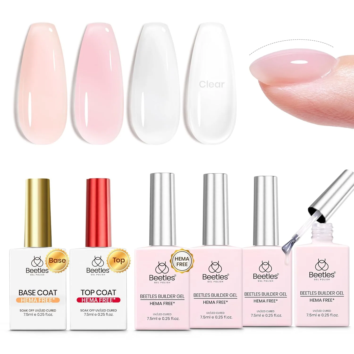 Beetles Builder Gel Set with Base Top Coat HEMA Free, 4 Color Nude Builder