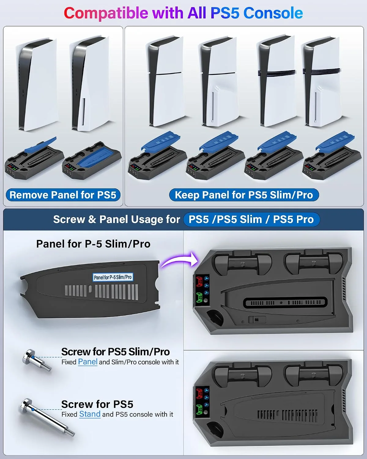 PS5/PS5 Slim/PS5 Pro Stand and Cooling Station with Dual Controller Charging Station for PlayStation 5 Console, PS5 Accessories Incl. Controller Charger, Cooling Fan, Headset Holder, 3 USB Hub, Black