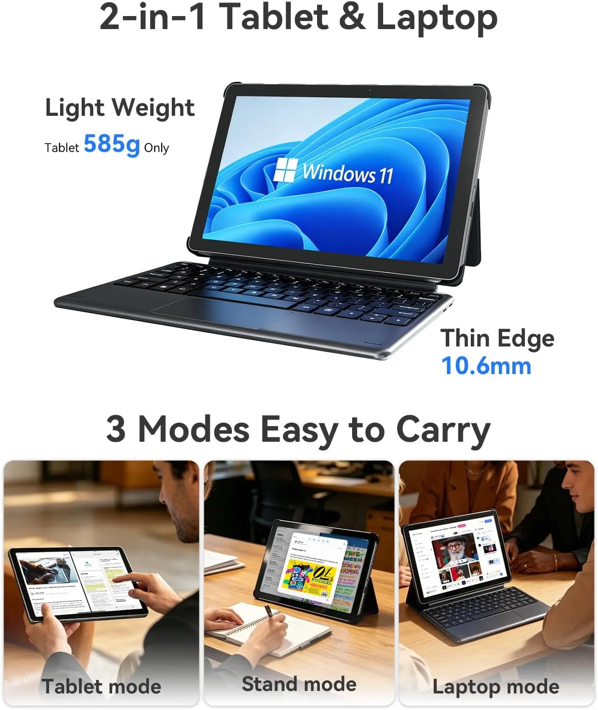NewBook 10 10.1 inch 2-in-1 Laptop Tablet PC, Win 11 Compatible with Intel Pentium Gold 6500Y, 8GB RAM 256GB SSD, 1920x800 FHD Touchscreen, Micro HDMI/USB-C 3.2 with Magnetic Keyboard & Stand