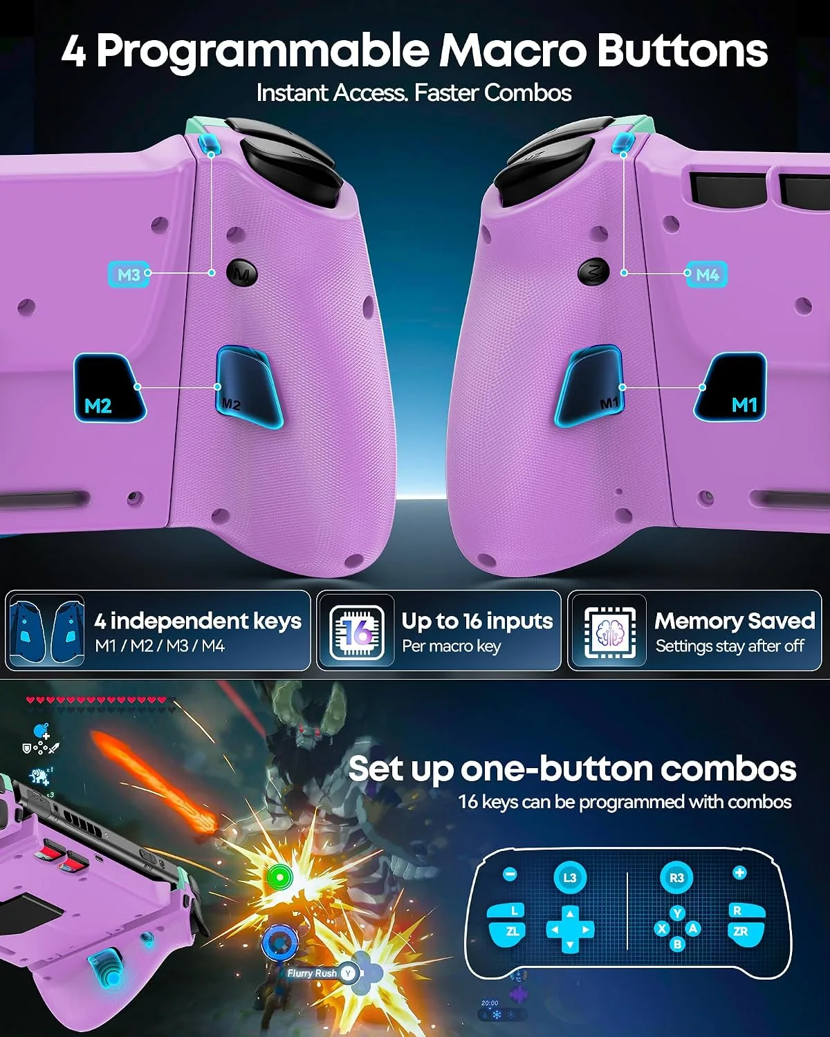 OIVO Switch 1/2 Controller for Original/OLED/Switch 2 Console, Stretchable Switch Handheld Joypad Ergonomic Grip for NS Pro Controller with RGB Light, TMR Joystick, Turbo, 4 Macro, Green & Purple