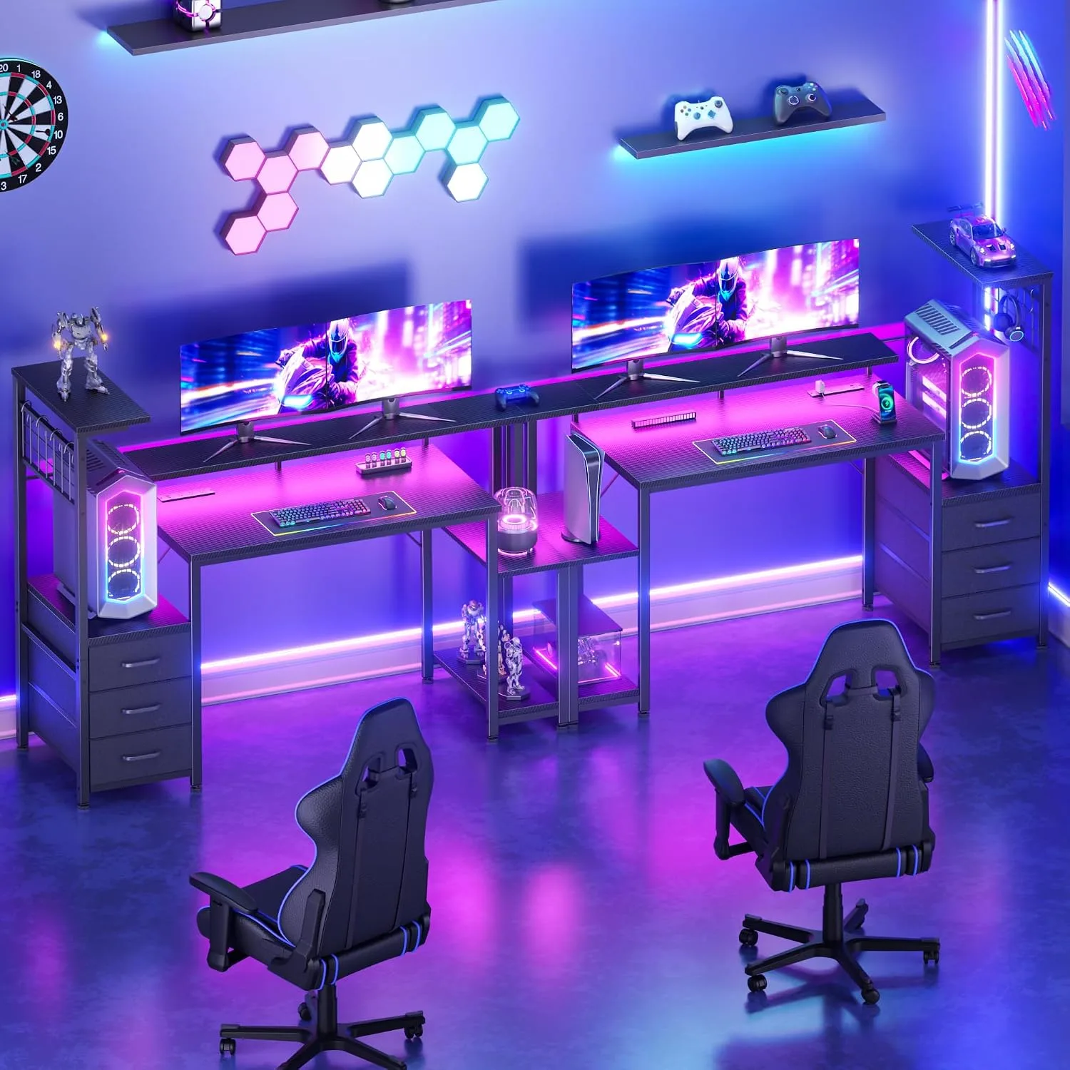 Korfile 48" Gaming Desk with Power Outlet, LED, Carbon Fiber Black Finish