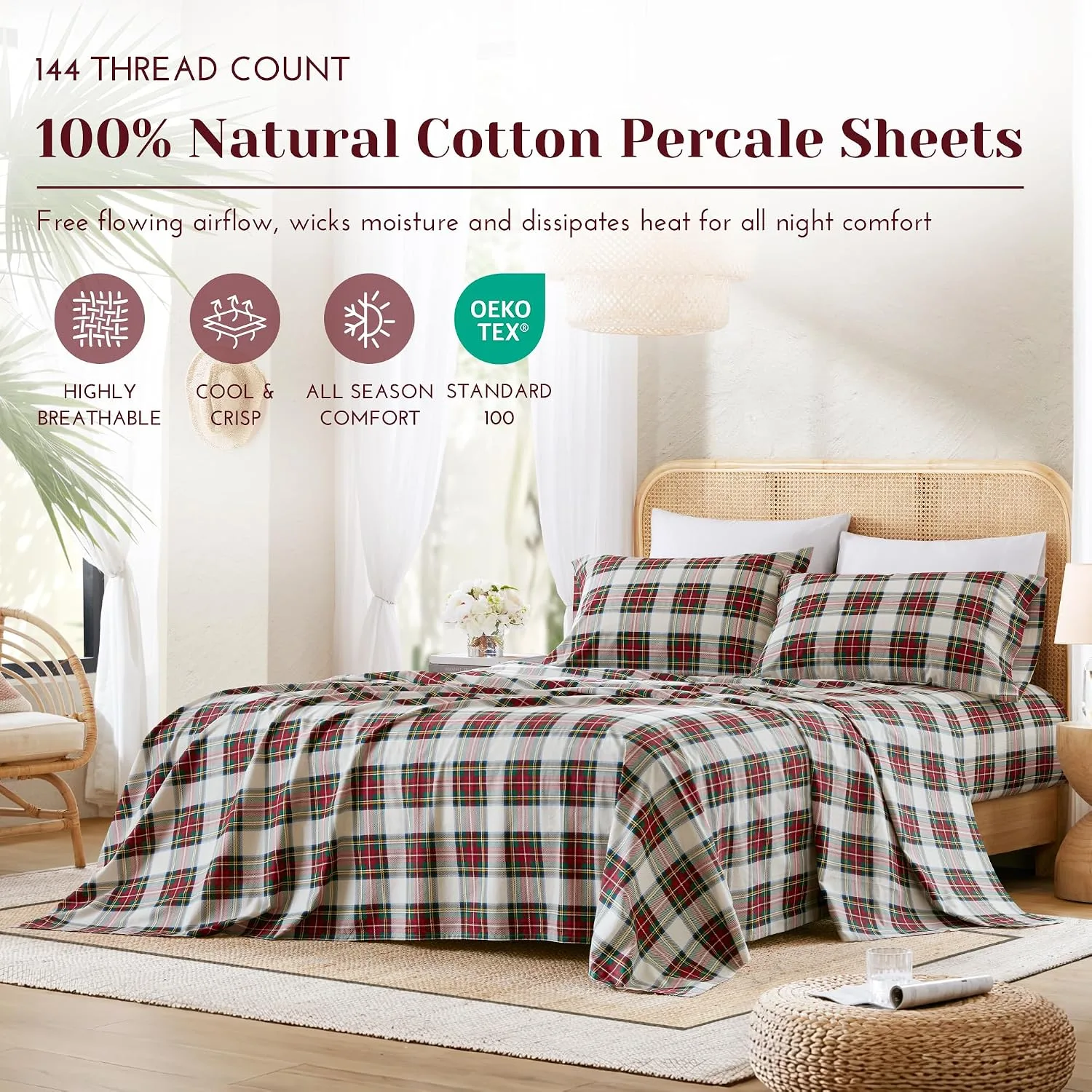 Comfort Spaces 100% Cotton Percale Sheets Queen Sheet Set, 4 Piece