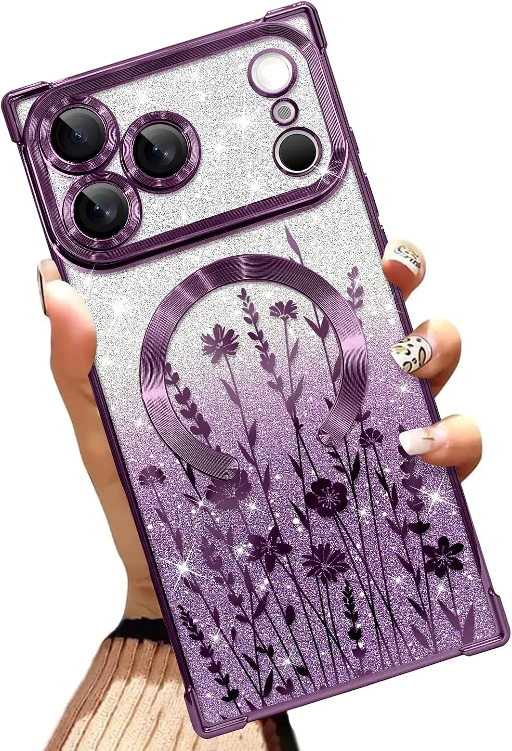 Illians Glitter Phone Case Made for iPhone 17 Pro Max, Purple Flowers