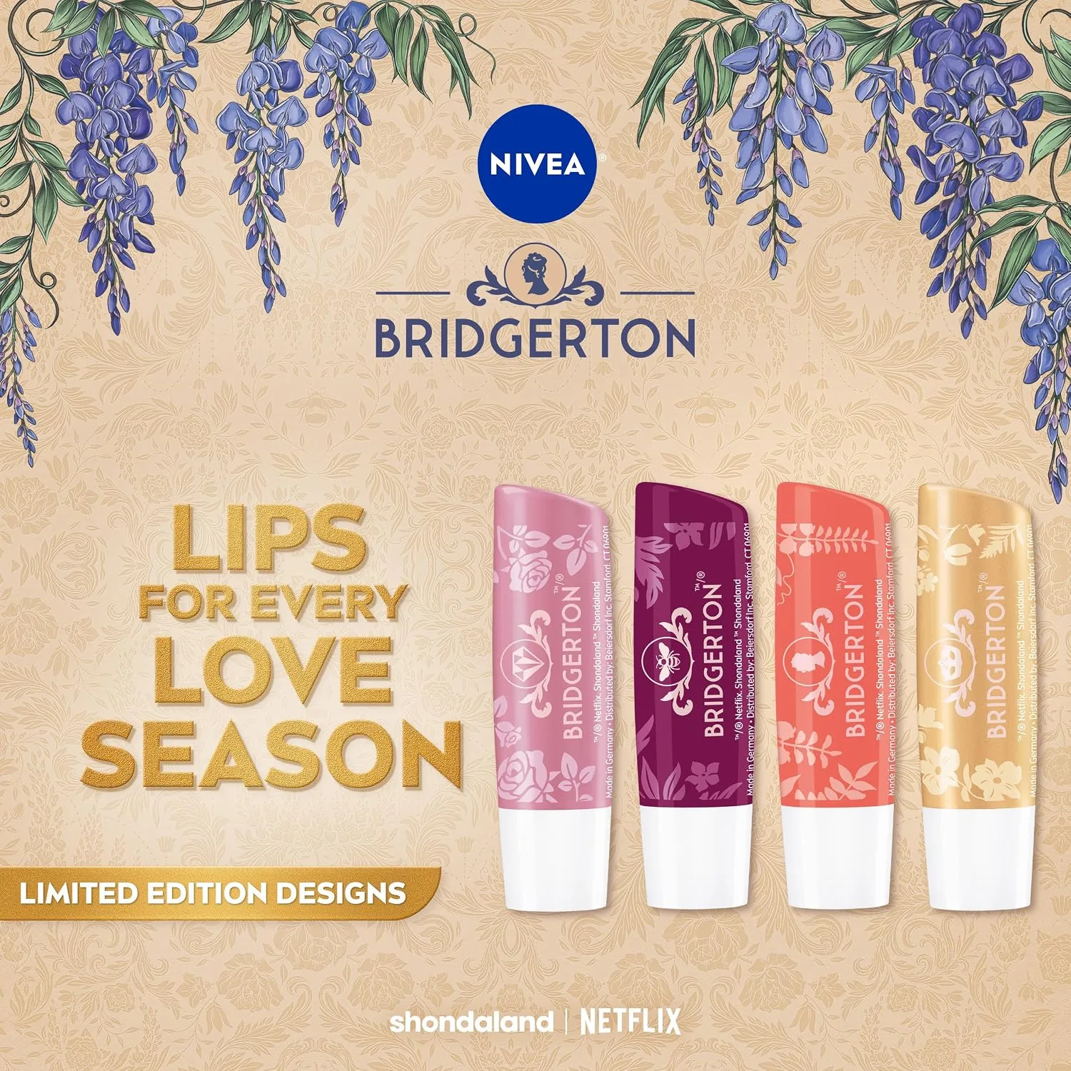 NIVEA Lip Care, Bridgerton Design Lip Balms, Variety Pack, 4 x 0.17 OZ
